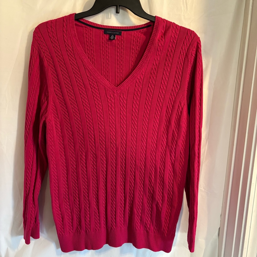 Tommy Hilfiger Womens Sweater Size 2X Cotton Pink Cable Knit V-Neck Preppy Prep